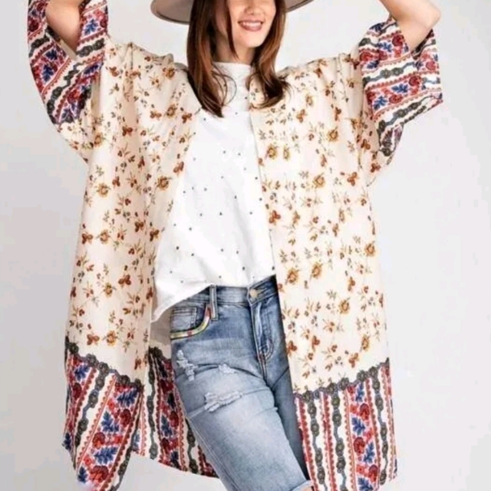 EASEL Border Printed Rayon Boho Challie Kimono NWT Small Beach Cover Up